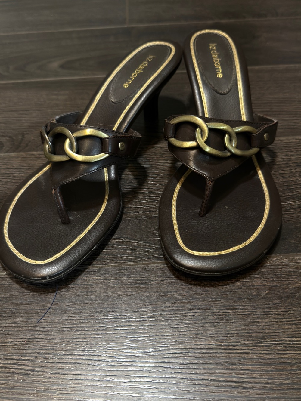 Liz Claiborne Dark Brown Sandal Heels with Gold Chain Accent
